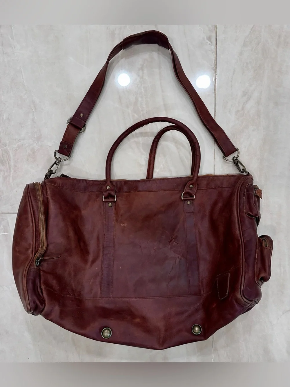 MAHI Leather Large Weekender Duffle Bag Brown Carry-On Travel Distressed